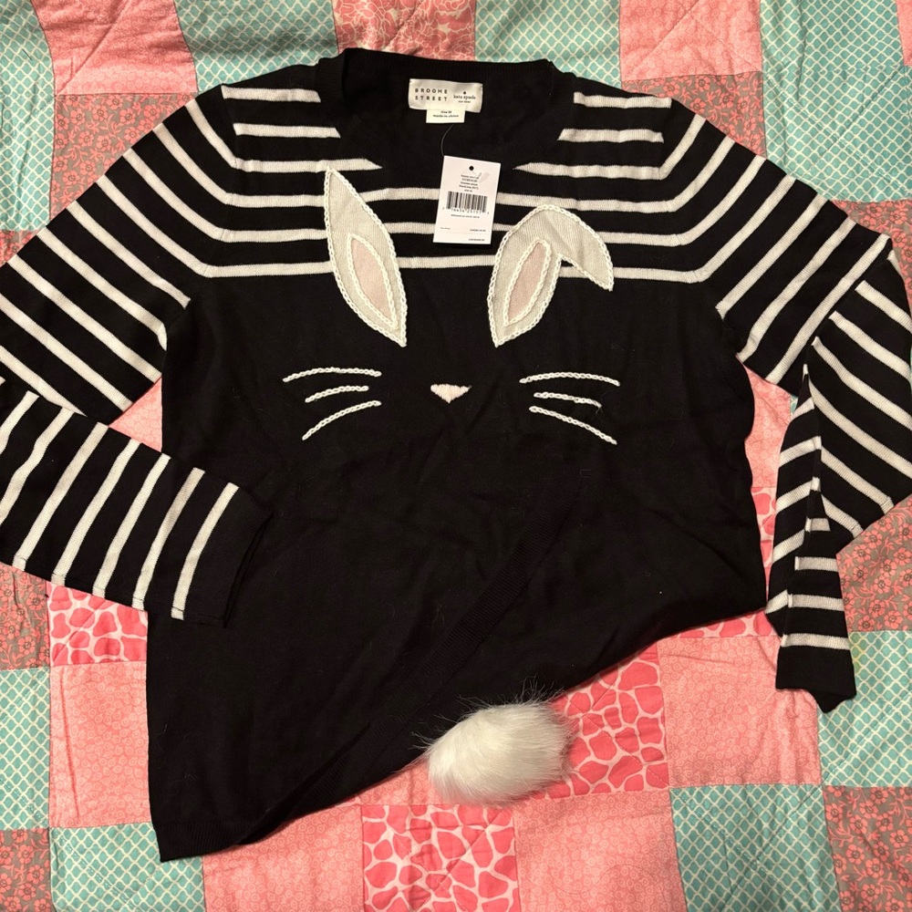 NWT Kate Spade Black White Striped Bunny Wool Blend Sweater PomPom Bunny Tail M